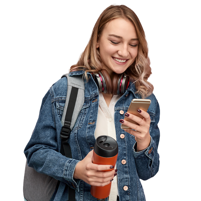 student looking at a phone and holding a water bottle