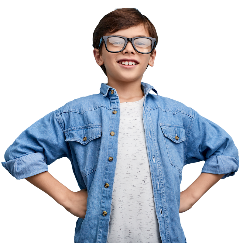 student in denim shirt with black frame glasses