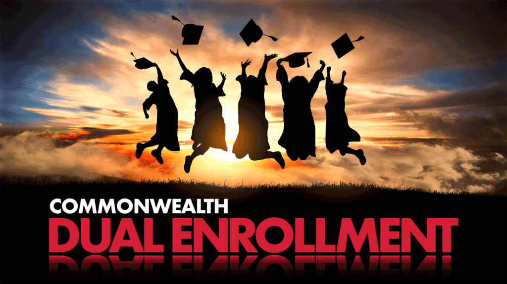 Graduates jumping, with the text "Commonwealth Dual Enrollment"