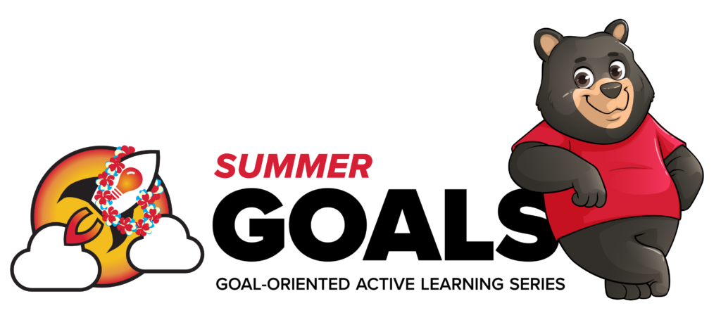 Estep leaning on Summer GOALS logo