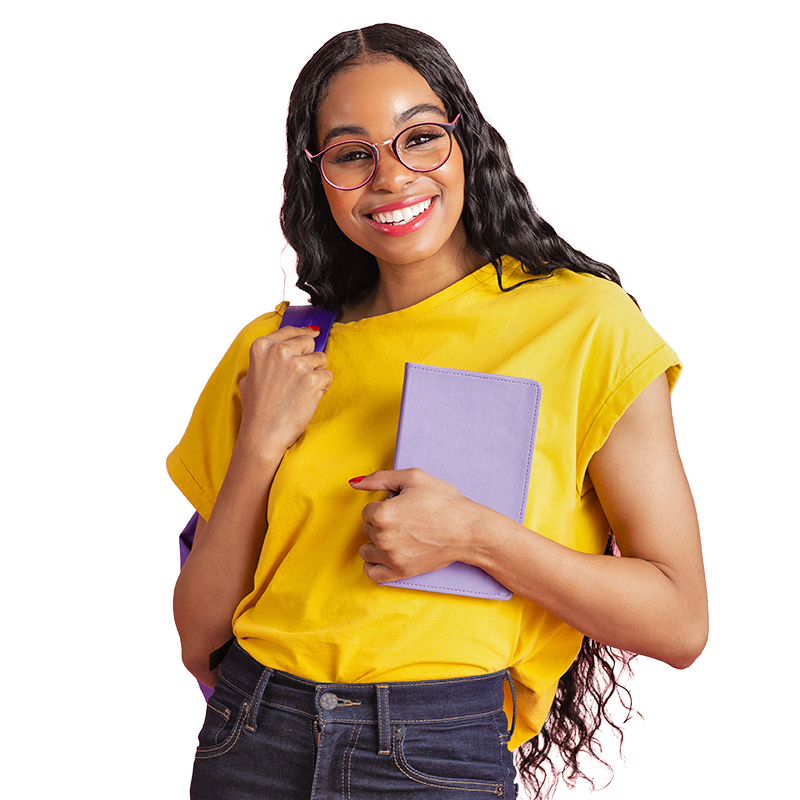 A student wearing glasses and holding a journal