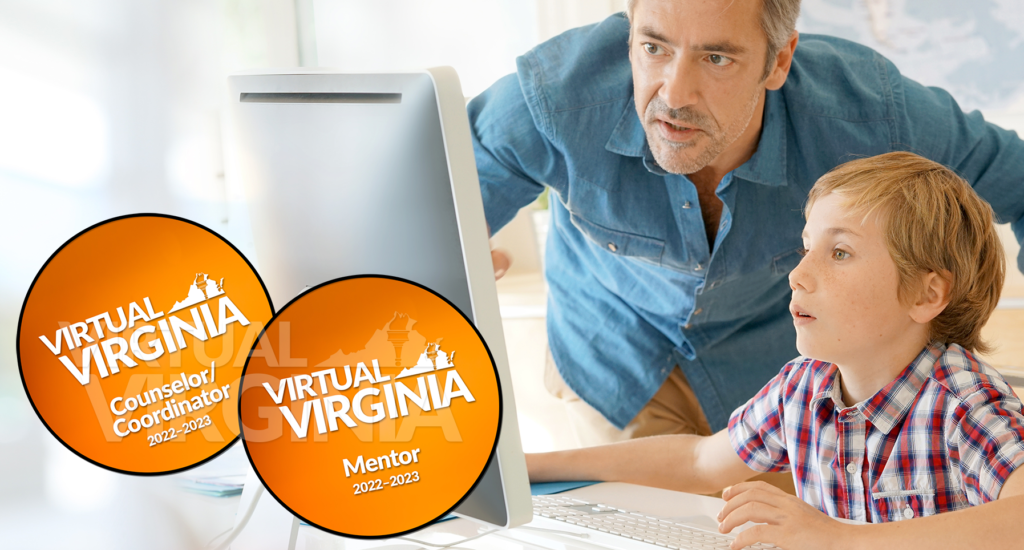 A man helping a boy at a computer; VVA badges are superimposed