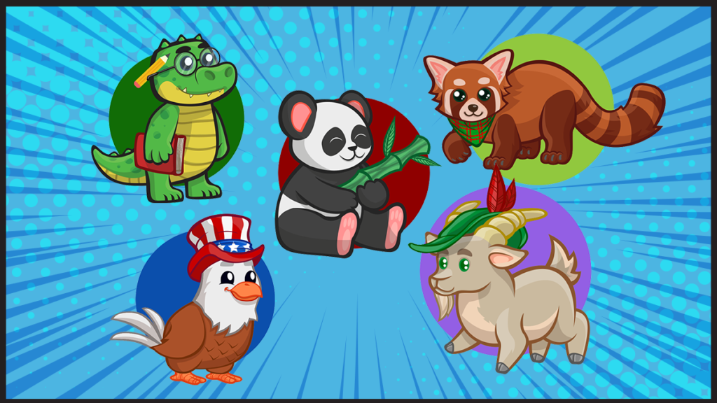 Cartoon animal characters: crocodile, eagle, panda, coati, and goat