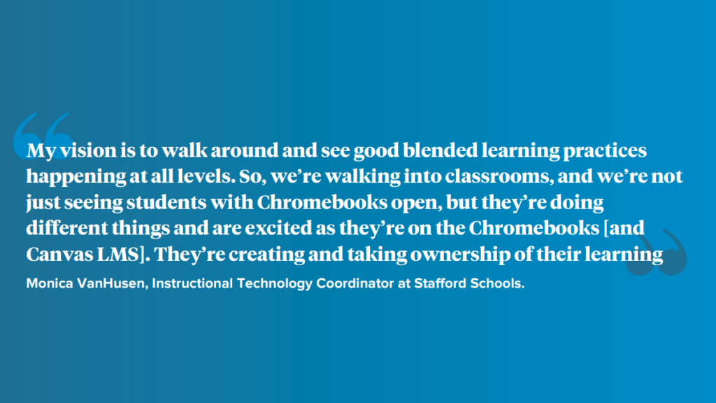 Quote: "My vision is to walk around and see good blended learning practices happening at all levels. So, we’re walking into classrooms, and we’re not just seeing students with Chromebooks open, but they’re doing different things and are excited as they’re on the Chromebooks [and Canvas LMS]. They’re creating and taking ownership of their learning." – Monica VanHusen, Instructional Technology Coordinator, Stafford Schools