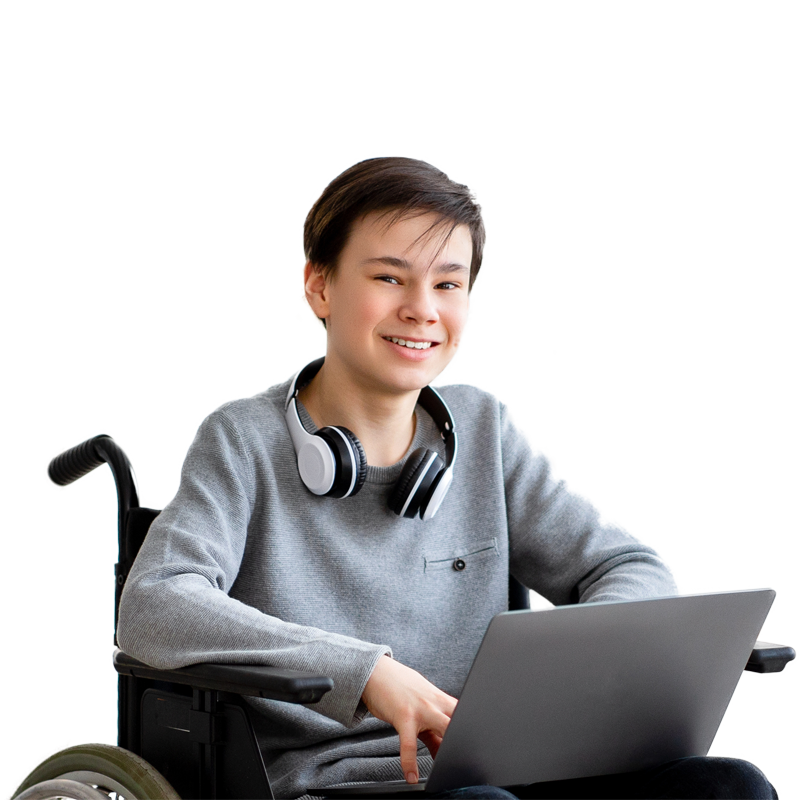 A teen boy in a wheelchair with a laptop