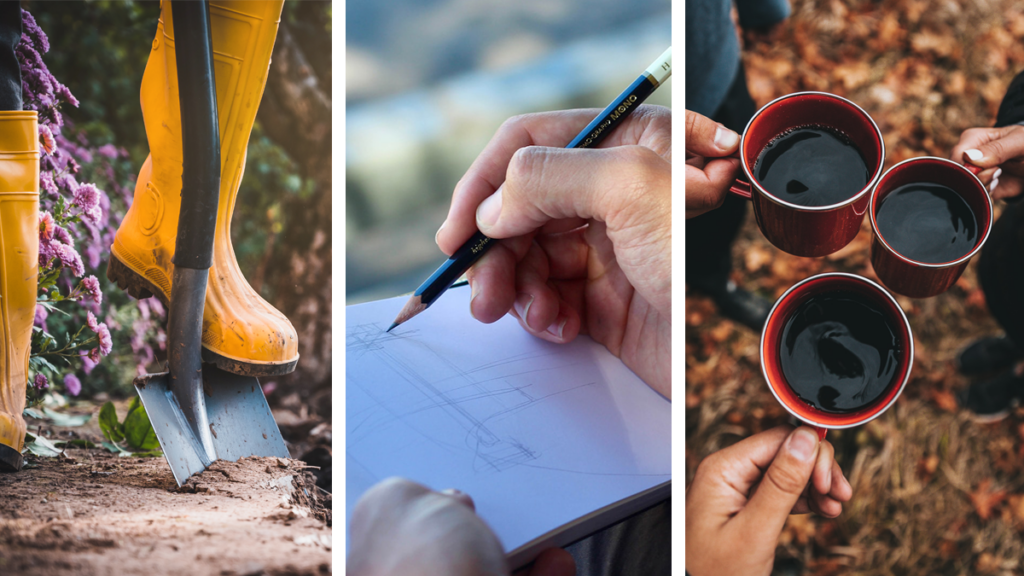 Collage of 3 photos: A person digging, a person sketching, and 3 people with coffee mugs