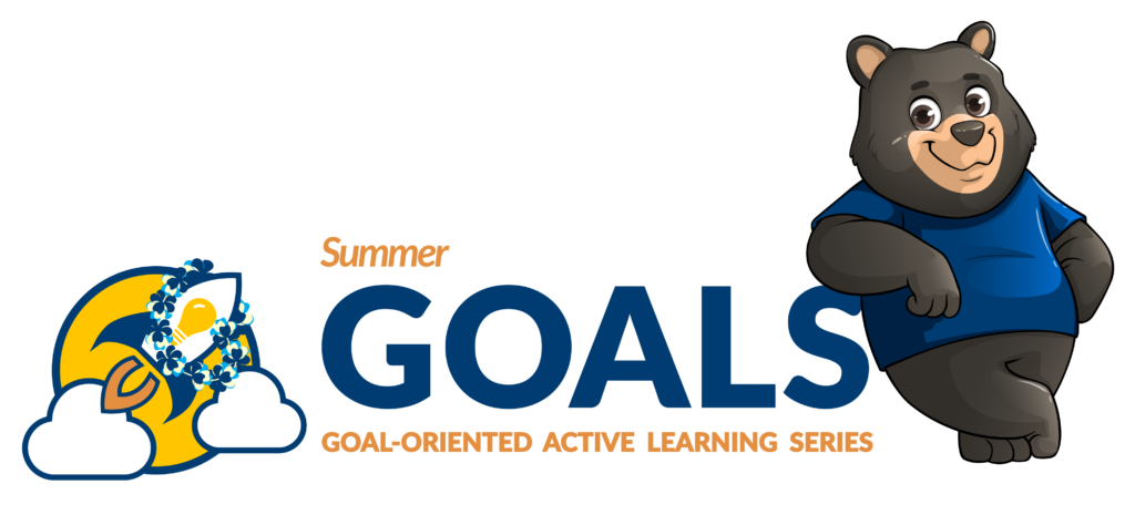 Cartoon bear leaning on Summer GOALS logo