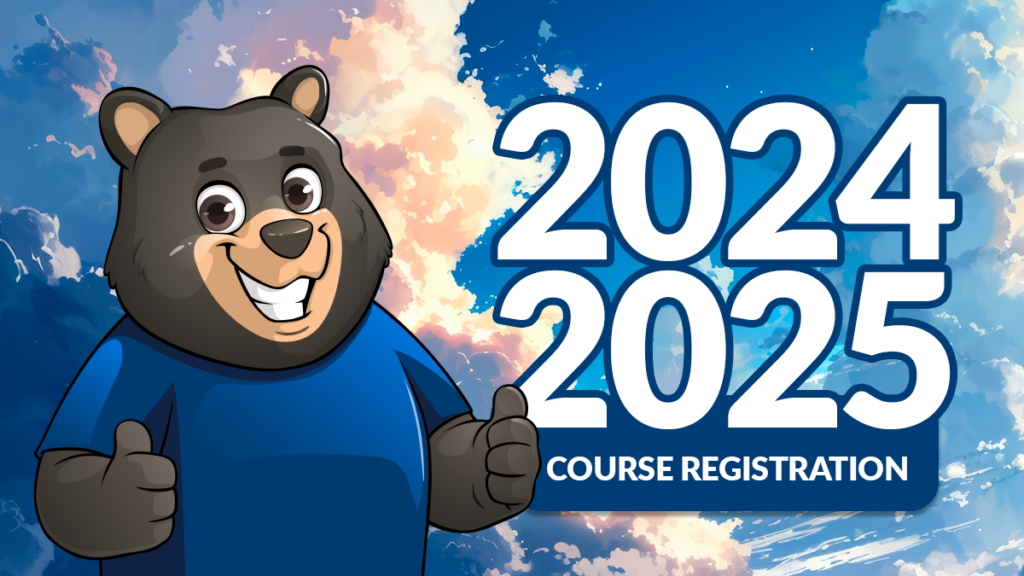 Cartoon bear with an illustration of clouds in a blue sky and the text 2024–2025 Course Registration