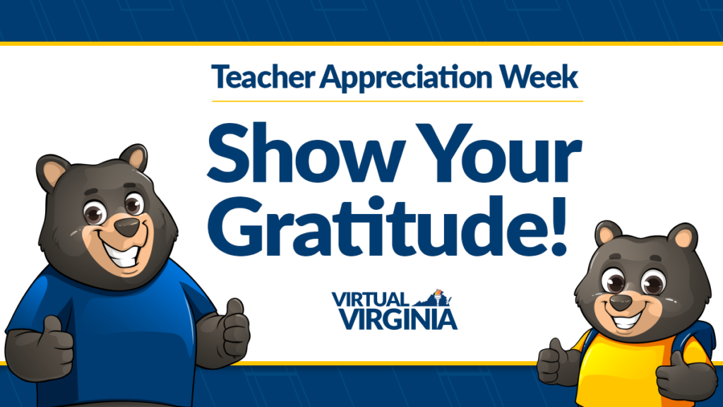 Two cartoon bears with thumbs up, the VVA logo, and the text Teacher Appreciation Week: Show Your Gratitude!