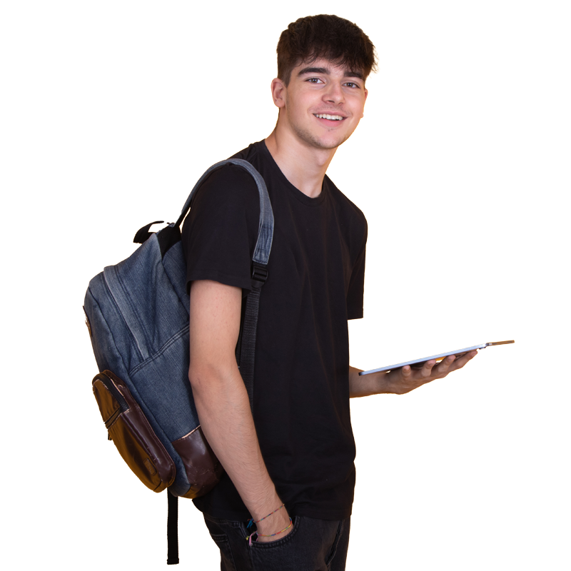 Student wearing a backpack and holding a tablet device