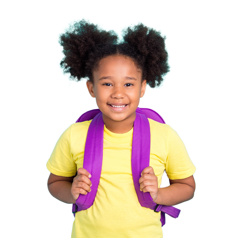 A young girl smiling and wearing a backpack
