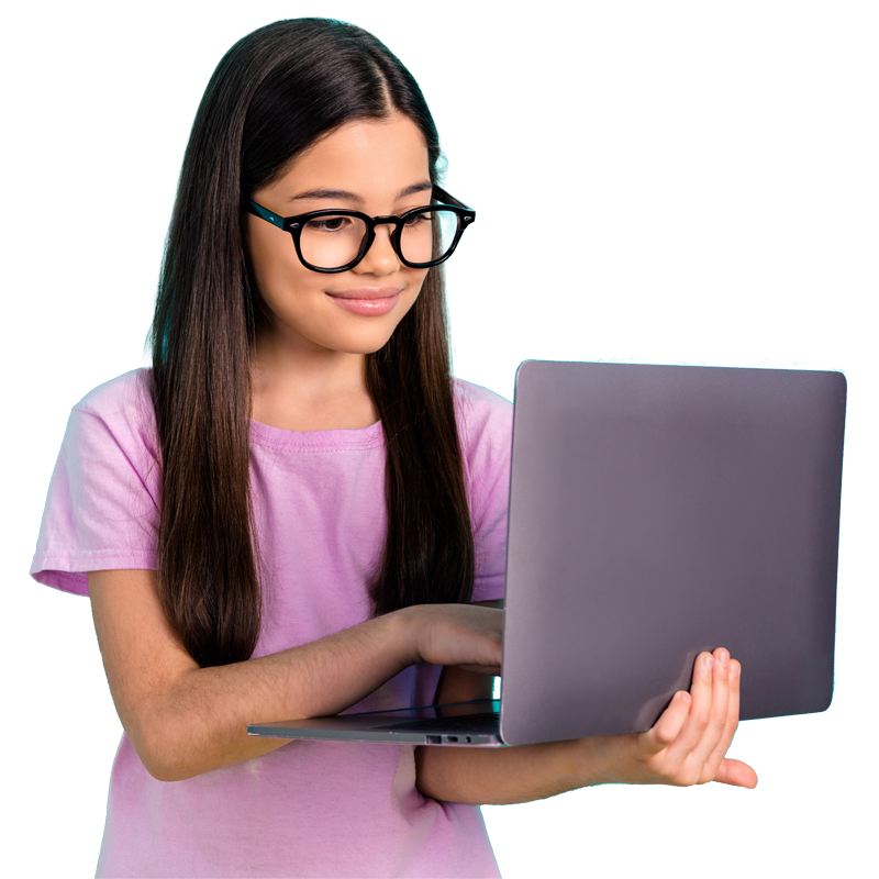 A girl wearing glasses using a laptop