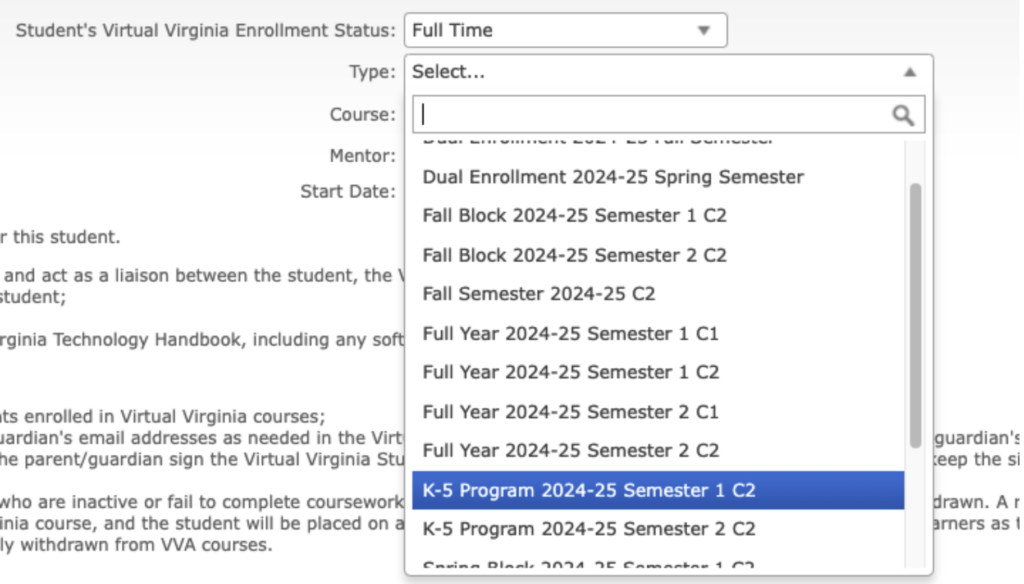 In the Type dropdown menu, select the appropriate K–5 Program semester.