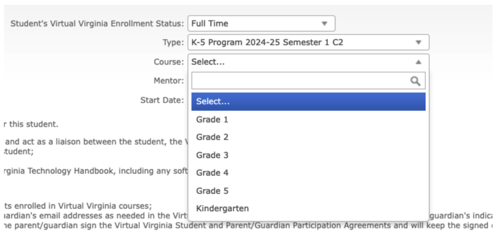 In the Course dropdown menu, select the student's grade level.