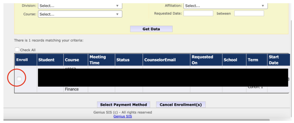 Use the checkboxes to select the enrollments that need to be paid.