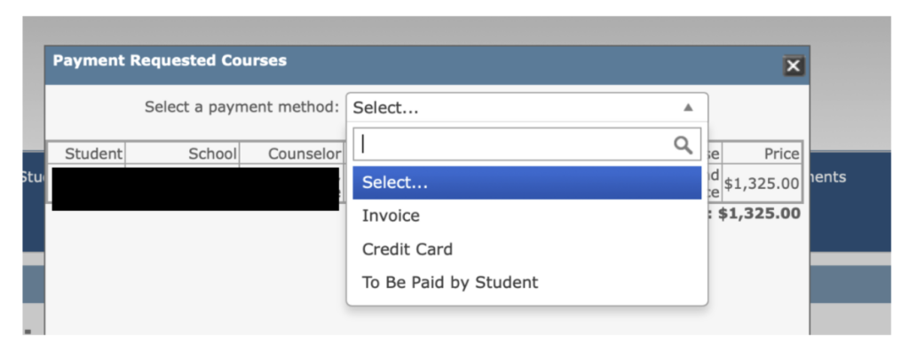 Select a payment method in the dropdown menu.