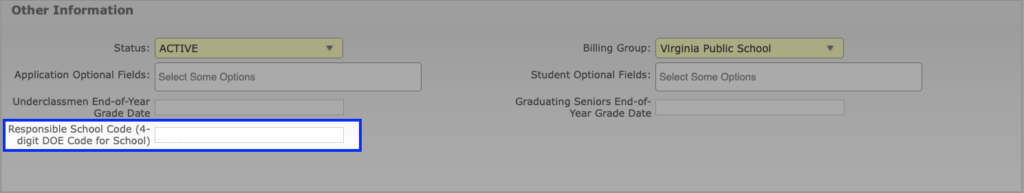 Enter the code in the field labeled "Responsible School Code (4-Digit DOE Code for School)"