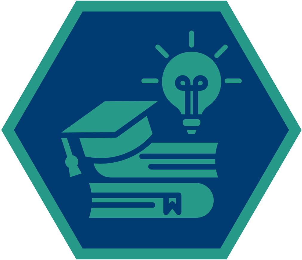Course development hexagon with books, mortarboard and lightbulb