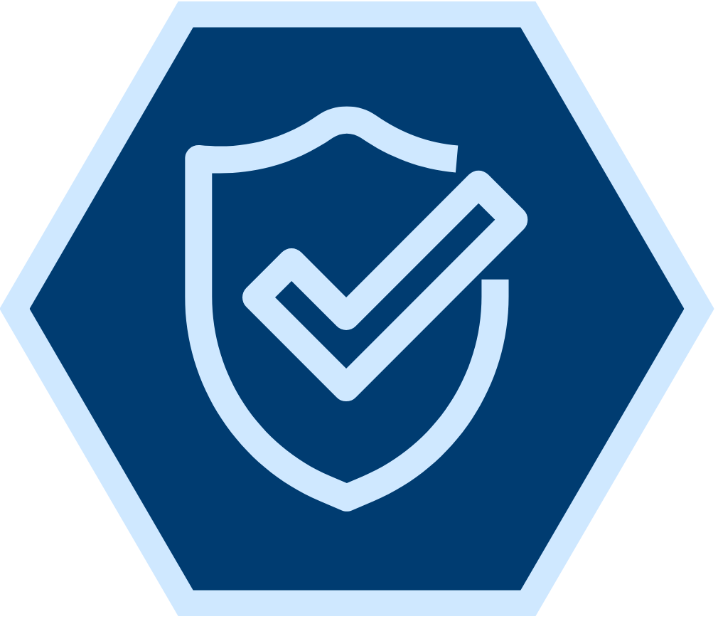 Help and Support Hexagon with a check and shield