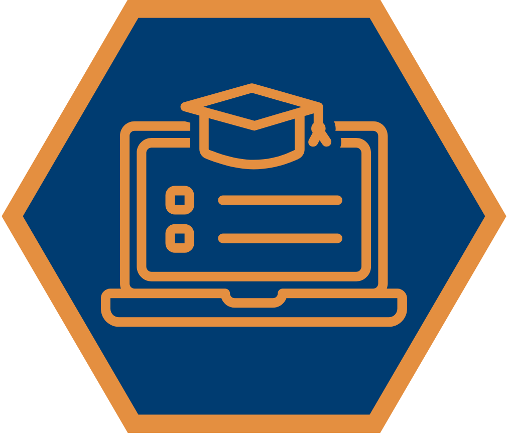course catalog hexagon with computer and mortarboard icon