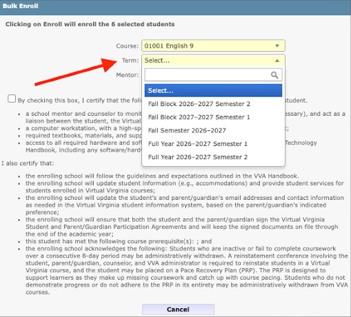 The course terms will automatically populate. Select the required academic term