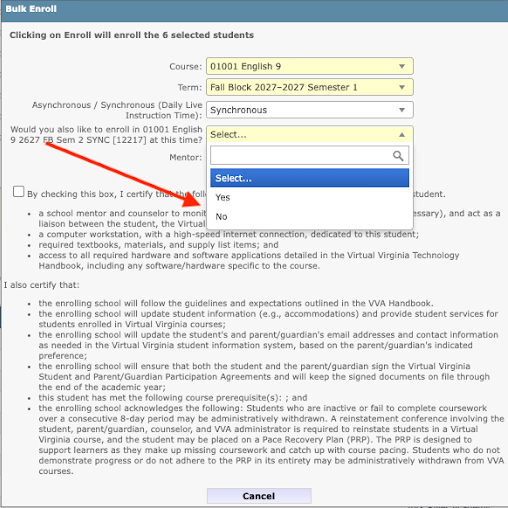 Select Yes or No to enroll in the corresponding Semester 2 course.