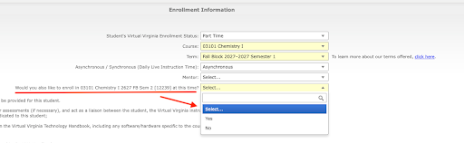 If enrolling in Full Year, Fall Block, or Spring Block, an option will appear to automatically enroll the student in the corresponding semester 2 of the course