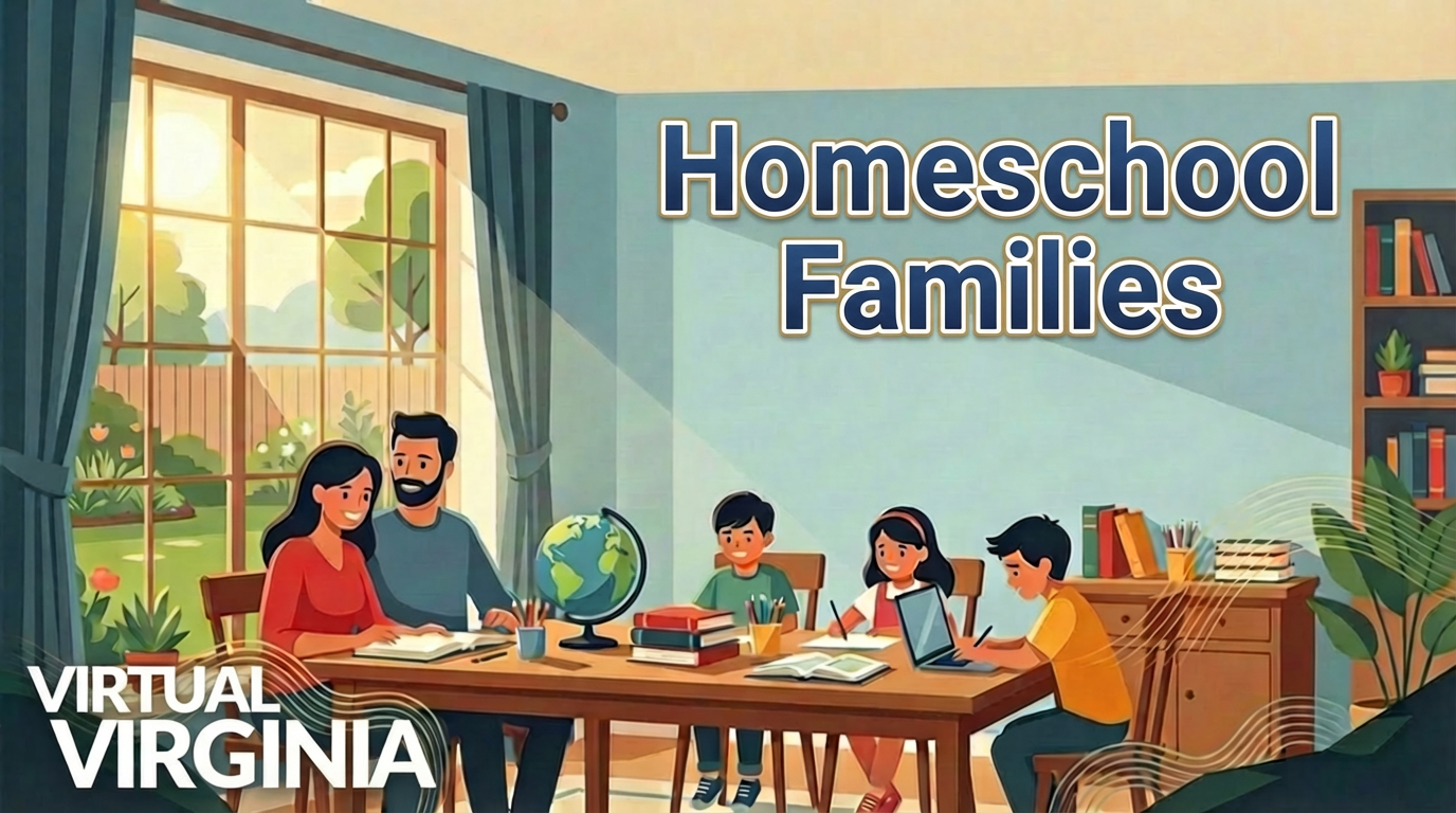 Family sitting at a table in front of a window doing school work. The phrase Homeschool Families at the top right and the Virtual Virginia logo at the bottom left.