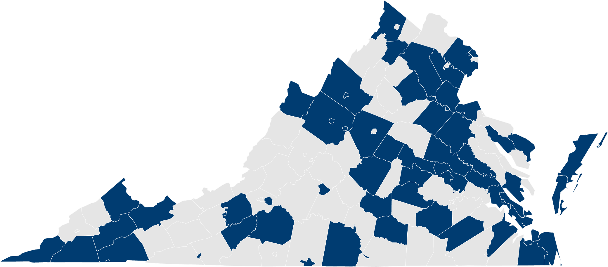 Map showing Virginia school divisions participating in Virtual Virginia dual enrollment.