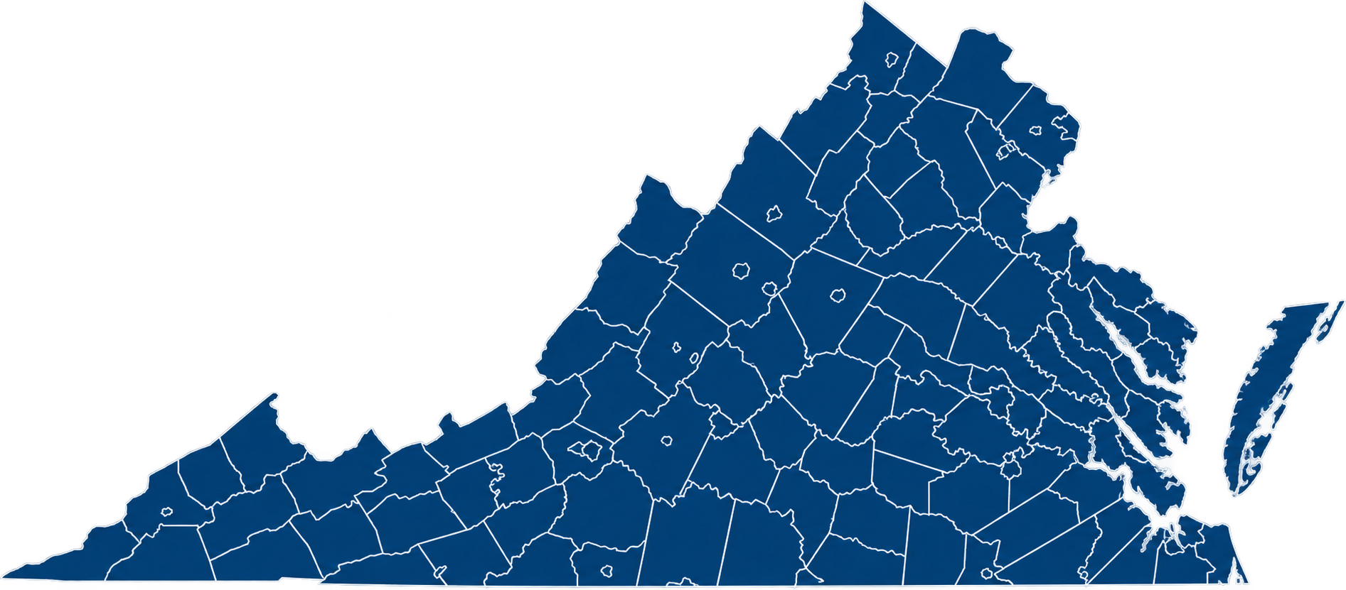 Map of Virginia showing county and independent city boundaries in navy and white.