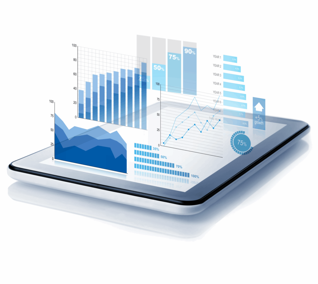 3D graphic of different charts and graphs